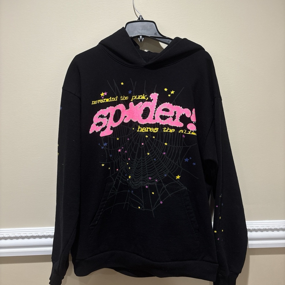 Black Sp5der Hoodie with Pink and Yellow Graphic
